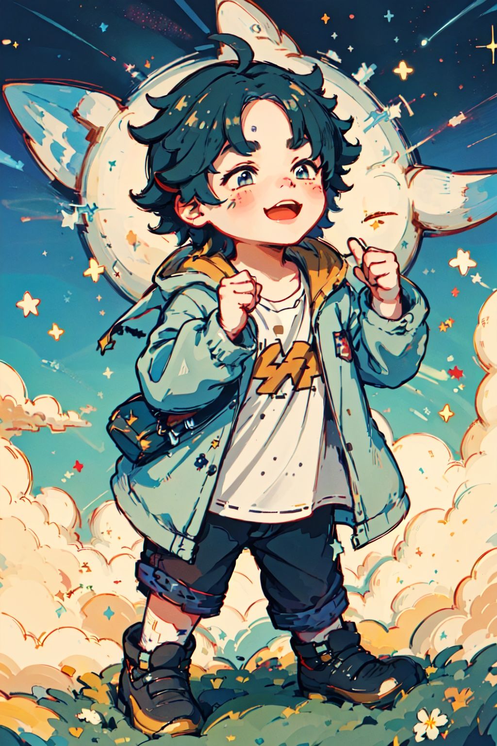  lovely boy,on the grass,looking into thesky,starry_sky,,,
