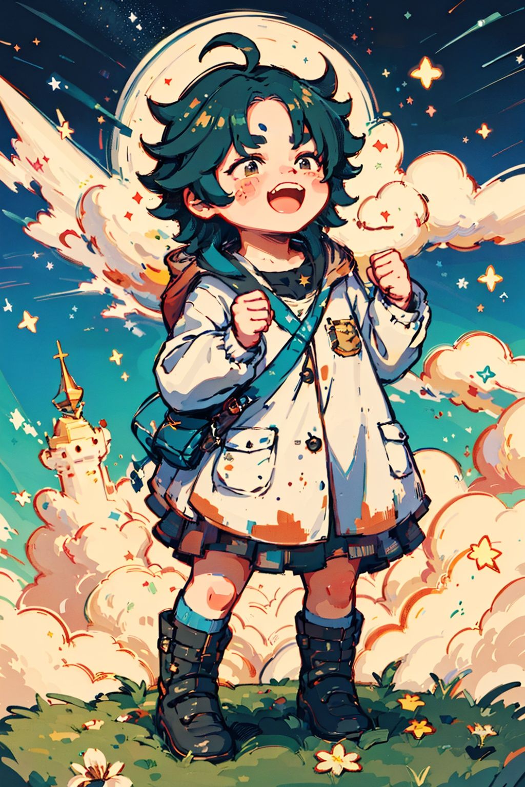 lovely boy,on the grass,looking into the sky,starry_sky,<lora:星空:0.5>,<lora:小Q可爱:0.7>,