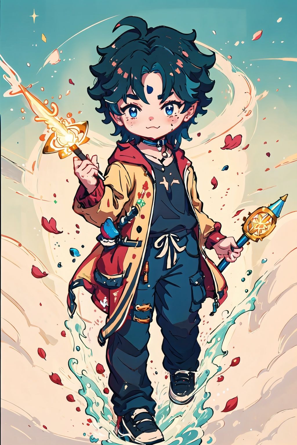  1cute boy,Wielding a magic wand,