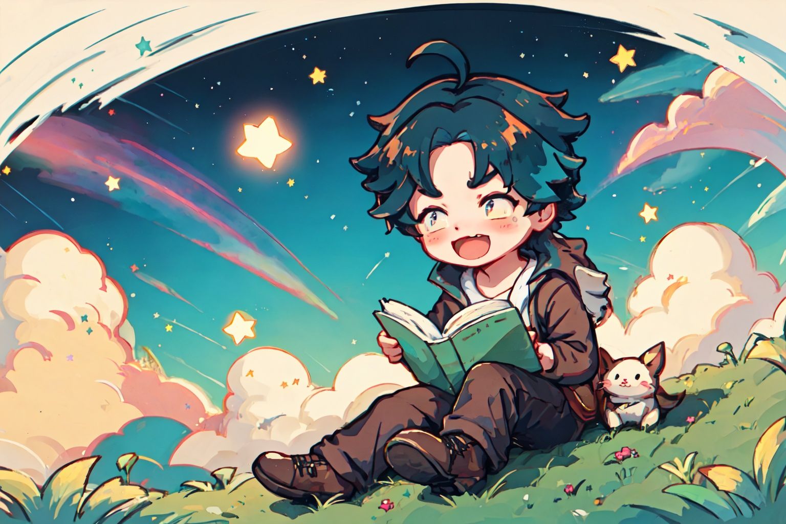  1cute boy,Lawn, reading, starry sky