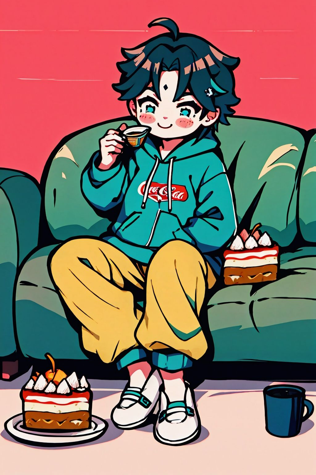  Hd, 8k, 1 Cute boy, solo, baggy clothes, hoodie, pajama pants, hair tied up, 1bun,sitting on the floor, sofa, happy , crisps, cake, Coke, milk tea, pasta, 1boy,simple , sitting cross-legged,details,multiple boys,chromatic aberration, Larme Kei3,chibi,simple details