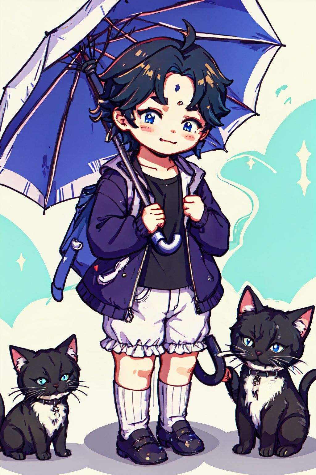  1cute boy,Hold an umbrella, kitten