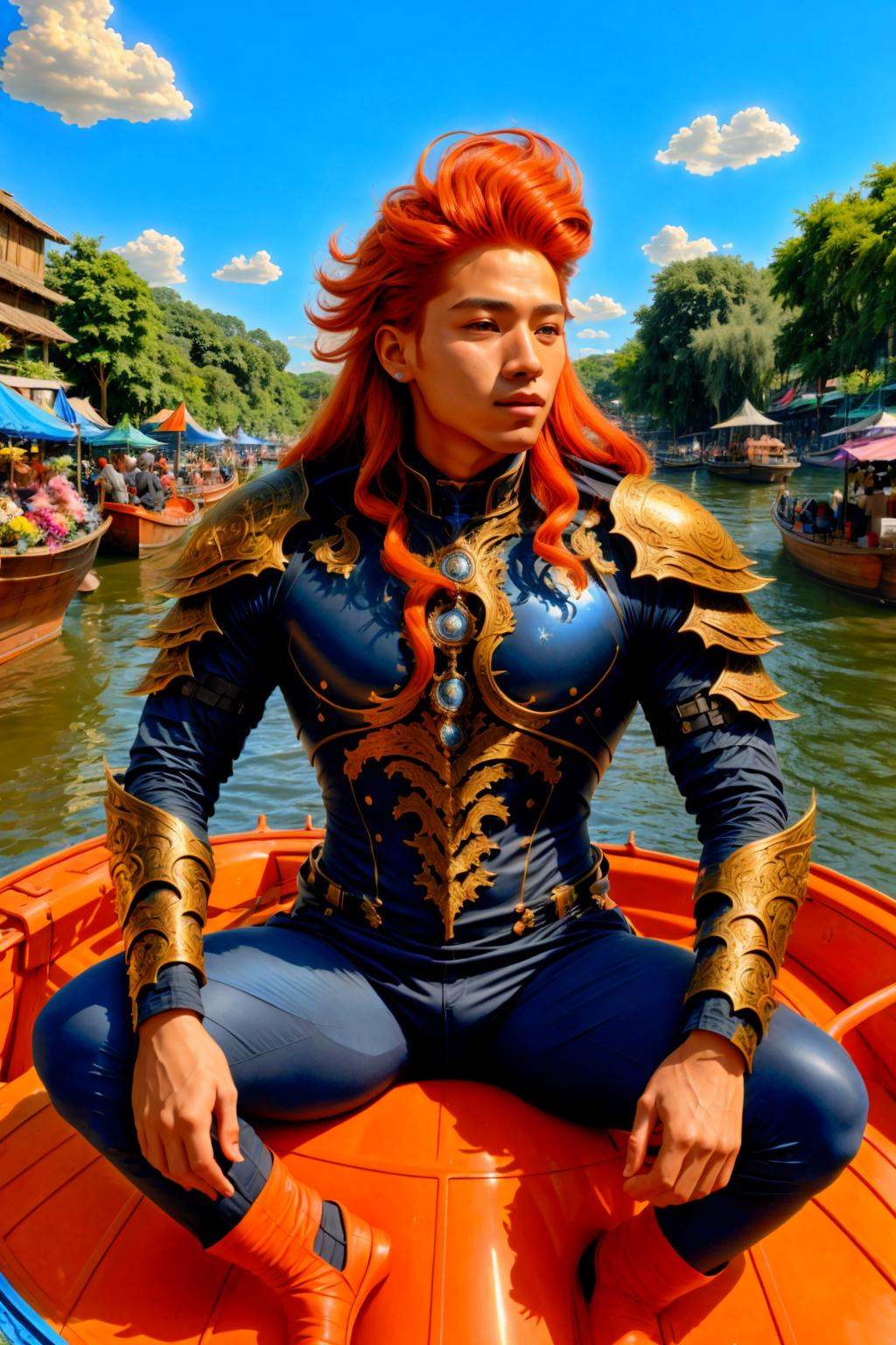 <lora:NeWHaDeSaRMoR_v2-000003:1> chndsrmr, beautiful non-binary in Bright Navy nhdsrmr, long hair orange hair, figure four sitting, Floating Markets background