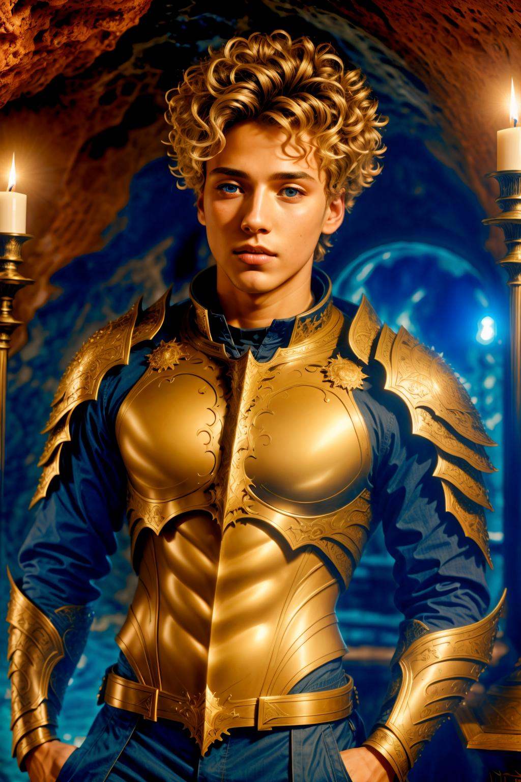 <lora:NeWHaDeSaRMoR_v2-000003:1> chndsrmr, beautiful boy in Mulberry nhdsrmr, afro honey blonde hair, lip bite, Candle-lit Cave Exteriors background