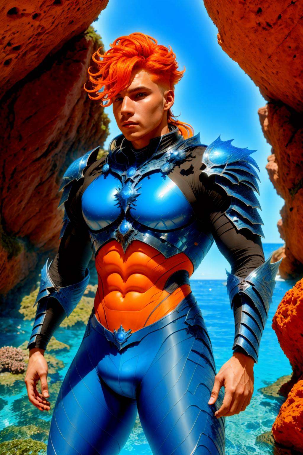 <lora:NeWHaDeSaRMoR_v2-000003:1> chndsrmr, beautiful male in Malibu Blue nhdsrmr, twist-out orange hair, dorsiflexion, Underwater Caves background