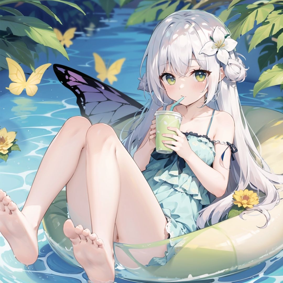 1girl, solo, flower, long hair, drinking straw, hair flower, hair ornament, very long hair, barefoot, yellow flower, red flower, blush, soles, holding, water, looking at viewer, bug, cup, wings, collarbone, bangs, crazy straw, butterfly, white hair, sitting, green eyes, holding cup, bow, hammock, bare shoulders
