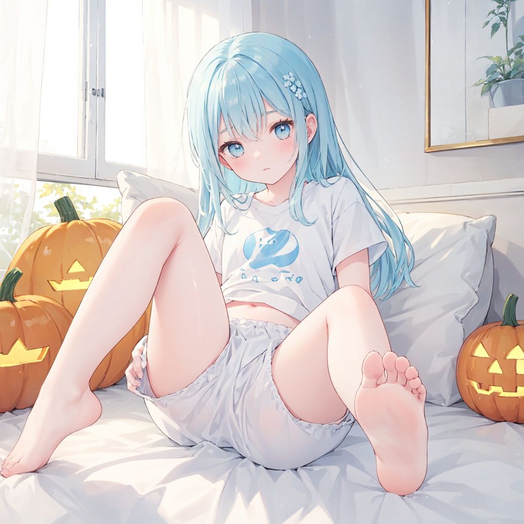  masterpiece, best quality,backlight,Tyndall effect,Crepuscular Rays,1girl,white_hairbangs,long hair,French braid,blue eyes,cold expression,lightseagreen T-shirt,navel,fetal_position ,pumpkin pants
,small_breasts,No shoes on,bedroom,White cloth sofa,White blanket,Dieffenbachia seguine Schott,White curtains,bare feet,bare legs,****,foot focus,