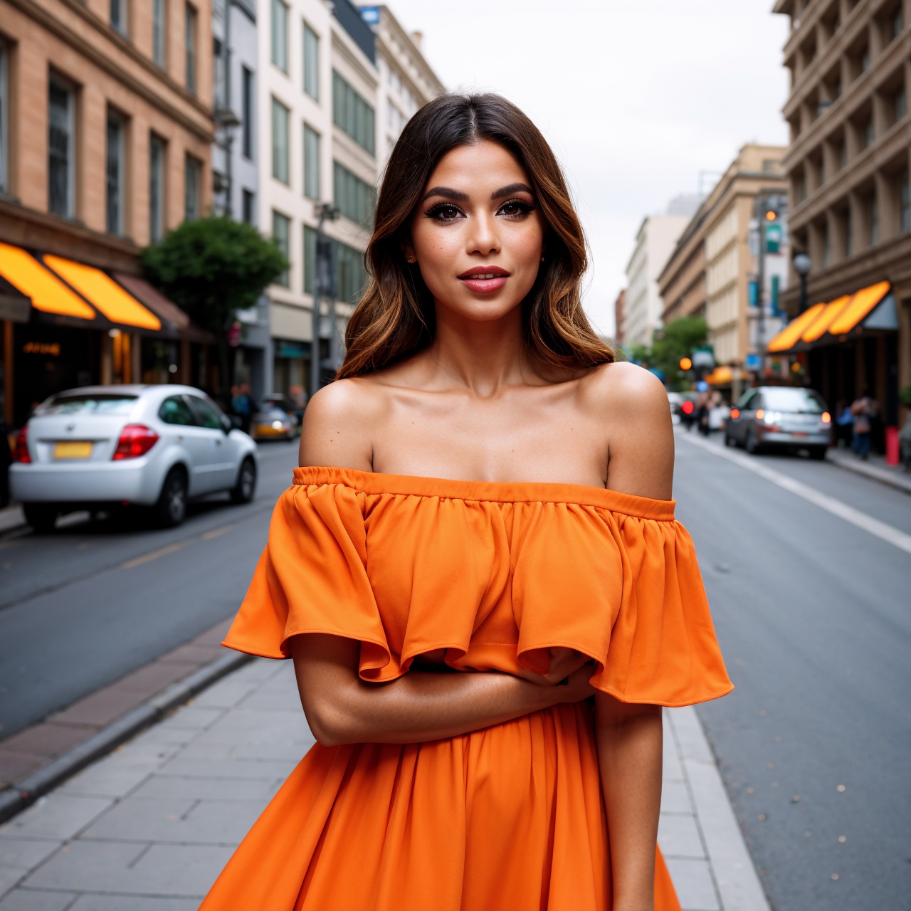 a woman posing on the street corner with orange dress on,  best quality,  1girl on Tensor.Art