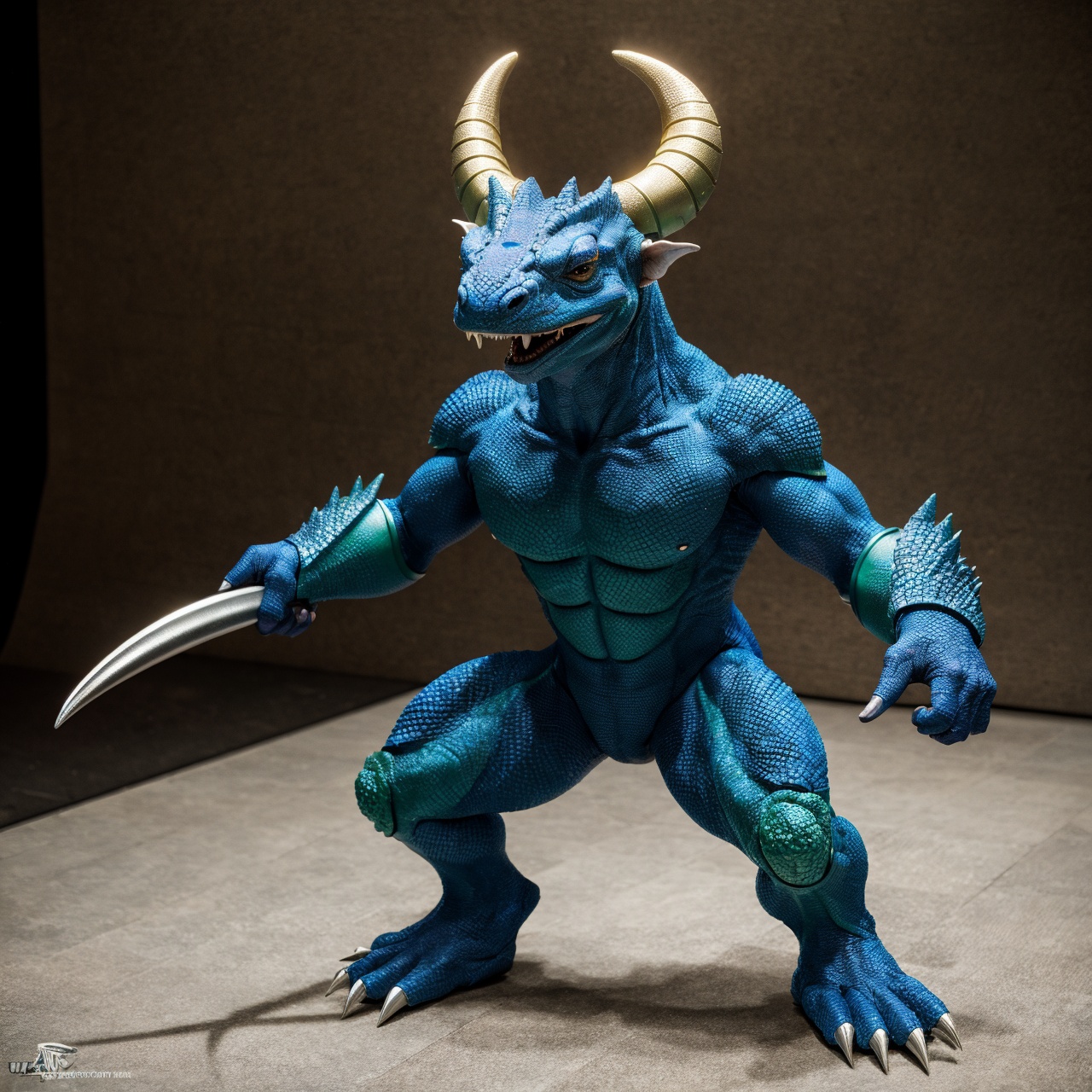 fking_scifi anthropomorphic Komodo Dragon King. Show the whole body. The skin color is blue-green. The presence of horns o...