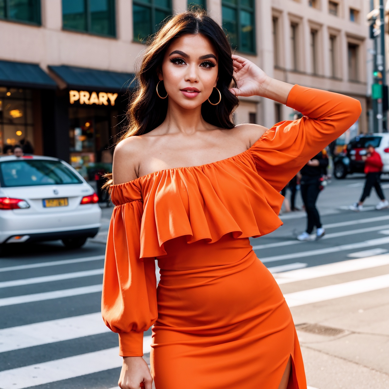 a woman posing on the street corner with orange dress on,  best quality,  1girl on Tensor.Art