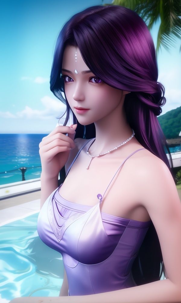 (,1girl, ,best quality, )<lora:330-DA-神印王座-月夜-泳装:0.8> ultra realistic 8k cg, picture-perfect face, flawless, clean, masterpiece, professional artwork, famous artwork, cinematic lighting, cinematic bloom,ocean, pool, water, 1girl, horizon, beach, poolside, tree, purple_hair, shore, solo, lake, palm_tree, breasts, day, long_hair, necklace, outdoors, sky, purple_eyes, 