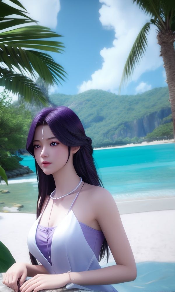 (,1girl, ,best quality, )<lora:330-DA-神印王座-月夜-泳装:0.8> ultra realistic 8k cg, picture-perfect face, flawless, clean, masterpiece, professional artwork, famous artwork, cinematic lighting, cinematic bloom,ocean, pool, water, 1girl, horizon, beach, poolside, tree, purple_hair, shore, solo, lake, palm_tree, breasts, day, long_hair, necklace, outdoors, sky, purple_eyes, 