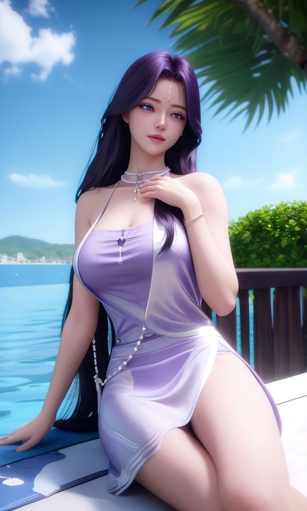 (,1girl, ,best quality, )<lora:330-DA-神印王座-月夜-泳装:0.8> ultra realistic 8k cg, picture-perfect face, flawless, clean, masterpiece, professional artwork, famous artwork, cinematic lighting, cinematic bloom,ocean, pool, water, 1girl, horizon, beach, poolside, tree, purple_hair, shore, solo, lake, palm_tree, breasts, day, long_hair, necklace, outdoors, sky, purple_eyes, 