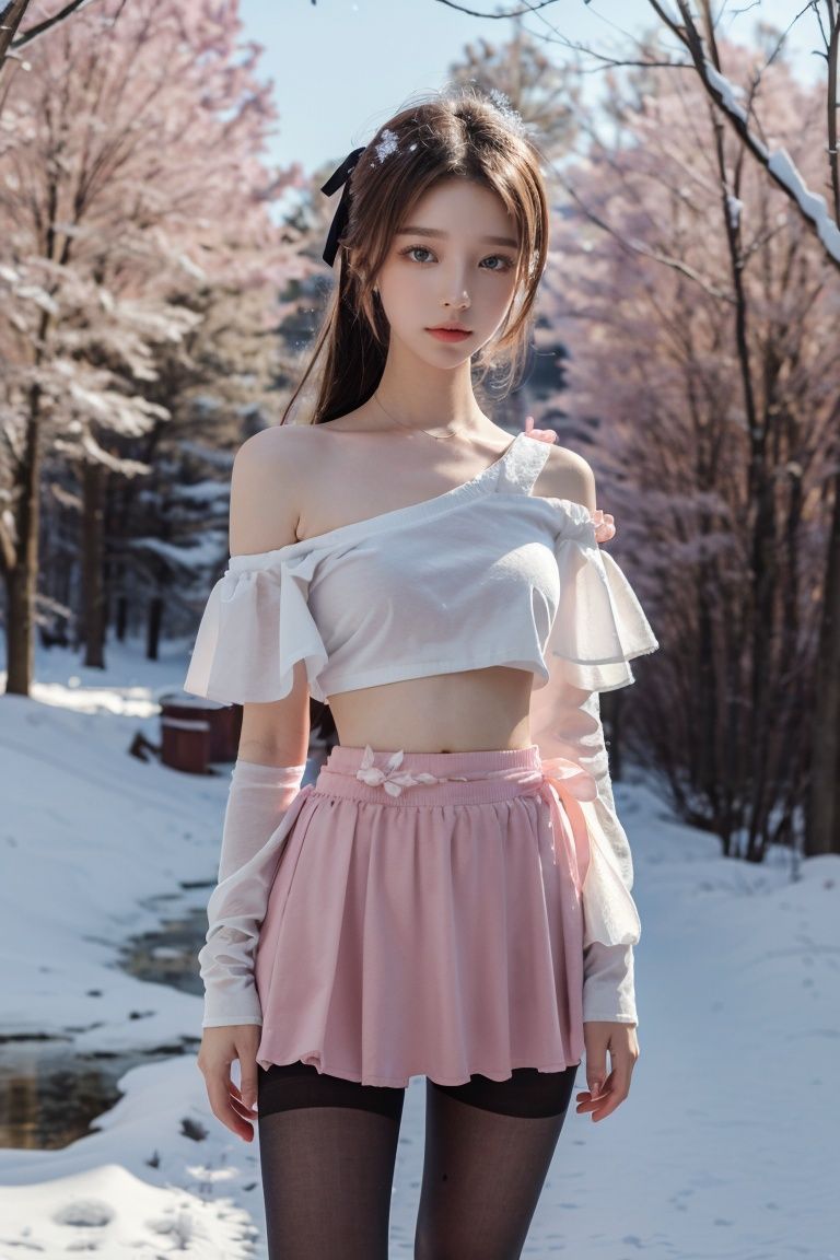  DSLR ,(masterpiece), (top quality, best quality, official art, beauty and aesthetics:1.2),Hazy, dreamy atmosphere,Ray tracing, Gaussian blur,Halos, particle effects,cg photos,1girl,(slender legs:1.3),long legs,long hair,Chest fluffy decoration, pink fluffy,(pink fluff:1.25), (pink skirt:1.25),(pink miniskirt:1.25),(black pantyhose:1.3),(pink ribbon:1.15),(solo:1.2),mature_female,(bare_shoulder:1.35),(bare_navel:1.35),(bare_waist:1.5),closed_mouth,smooth skin,(tight:1.2),(Short neck1.15),,Smooth skin, fair skin,tender skin,sexy girl,Royal Sister,RoyalSister face,looking_at_viewer,deep pink background, Snow background,falling_snow,(falling snowflakes:1.5),ice crystal,transparent,from_side, luowa,moyou