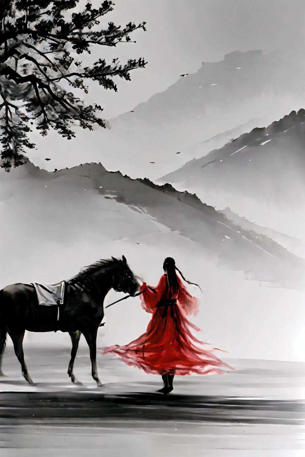 1girl,tree,<lora:ink_xiakexing_v4_32:0.8>,red dress,holding a horse,