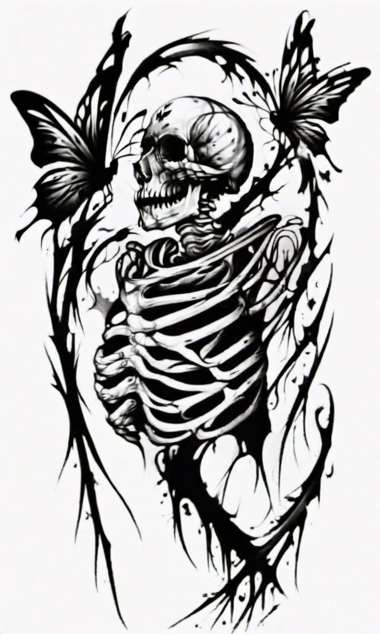 A skeleton was bleeding, holding a sickle, and butterflies were flying,draktattoo,white background <lora:diablo-1119:1>