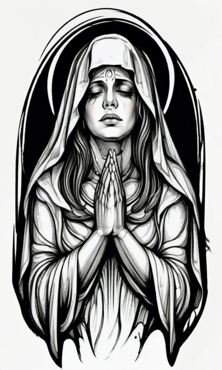 The Virgin Mary folded her hands and bowed her head 40 degrees in prayer,draktattoo,white background <lora:diablo-1119:1>