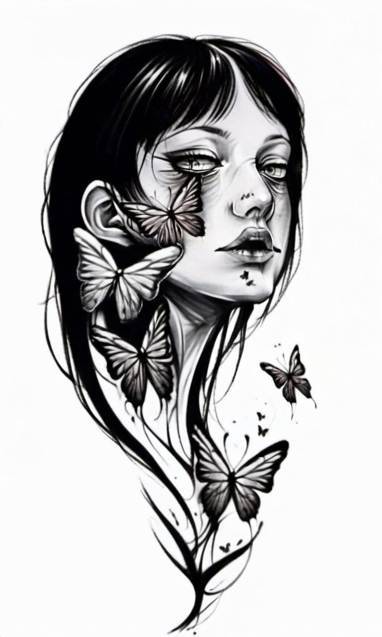 a girl has two face with butterflies on her nose and a butterfly in her mouth,,draktattoo,white background <lora:diablo-1119:1>