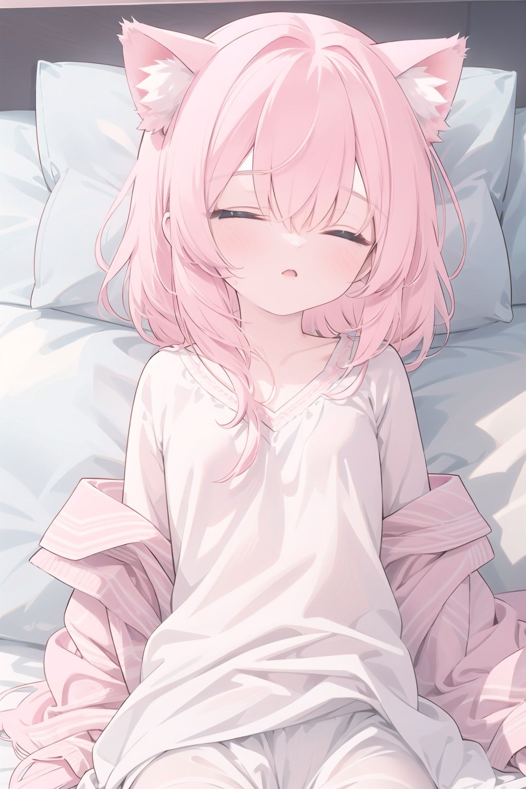  a girl, (loli), (masterpiece, best quality, perfect anatomy:1.3)
flat chest, pink cute pajamas, cat ears, center parting hair, pink hair
sleeping, on bed, pov,white pantyhose
