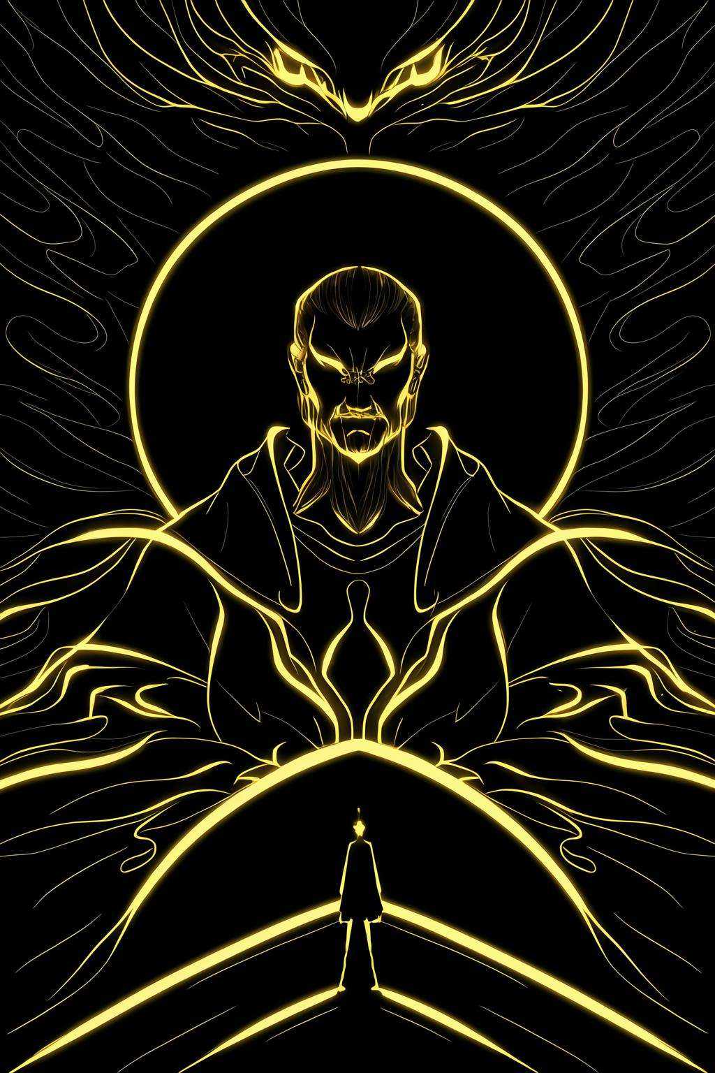 a man standing in front of a projection of immortal,halo,<lora:eastern_mythology_v1_512_preview:0.6>,