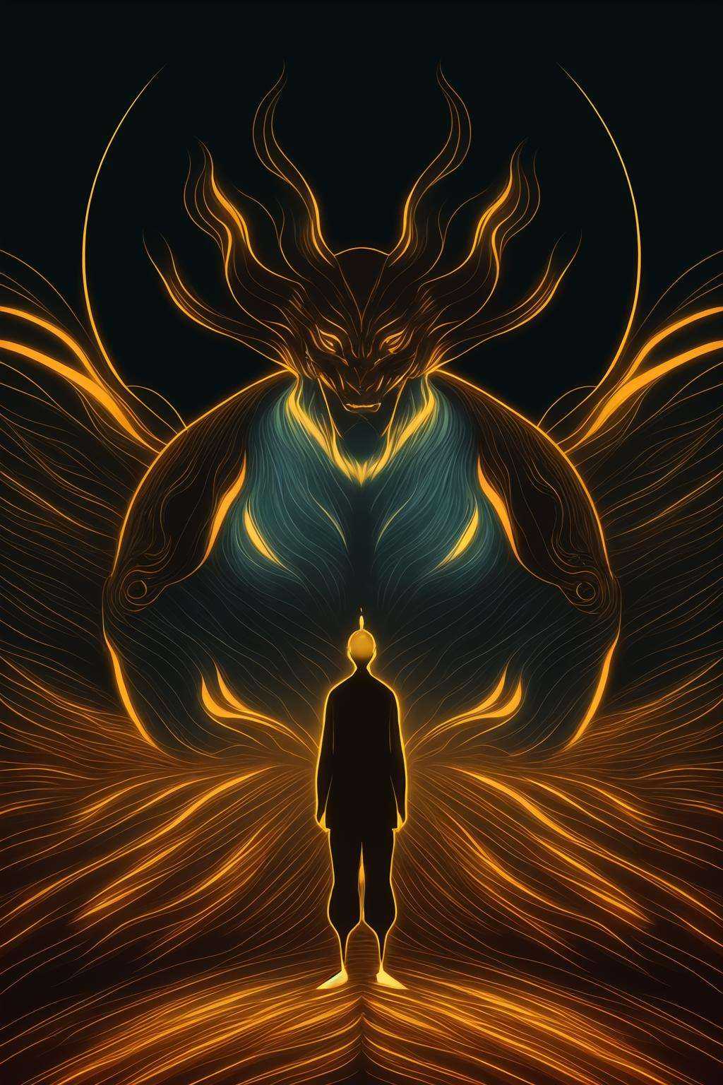 a man stand in front of the projection of immortal,<lora:eastern_mythology_v1_512:0.5>,tangka,