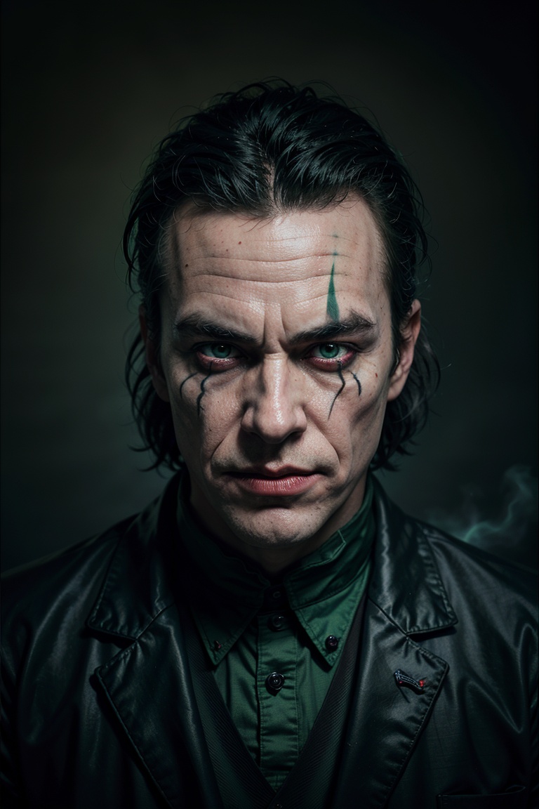 The Dark Joker with Green Evil Light eyes and lighting green thunder Dc,  scary,  Classic Academia on Tensor.Art