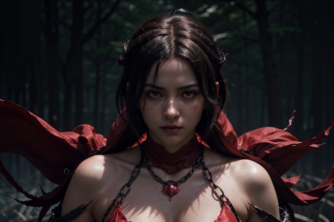 A striking anime character,  shrouded in shadows and poised for battle,  stands against a deep crimson background adorned...