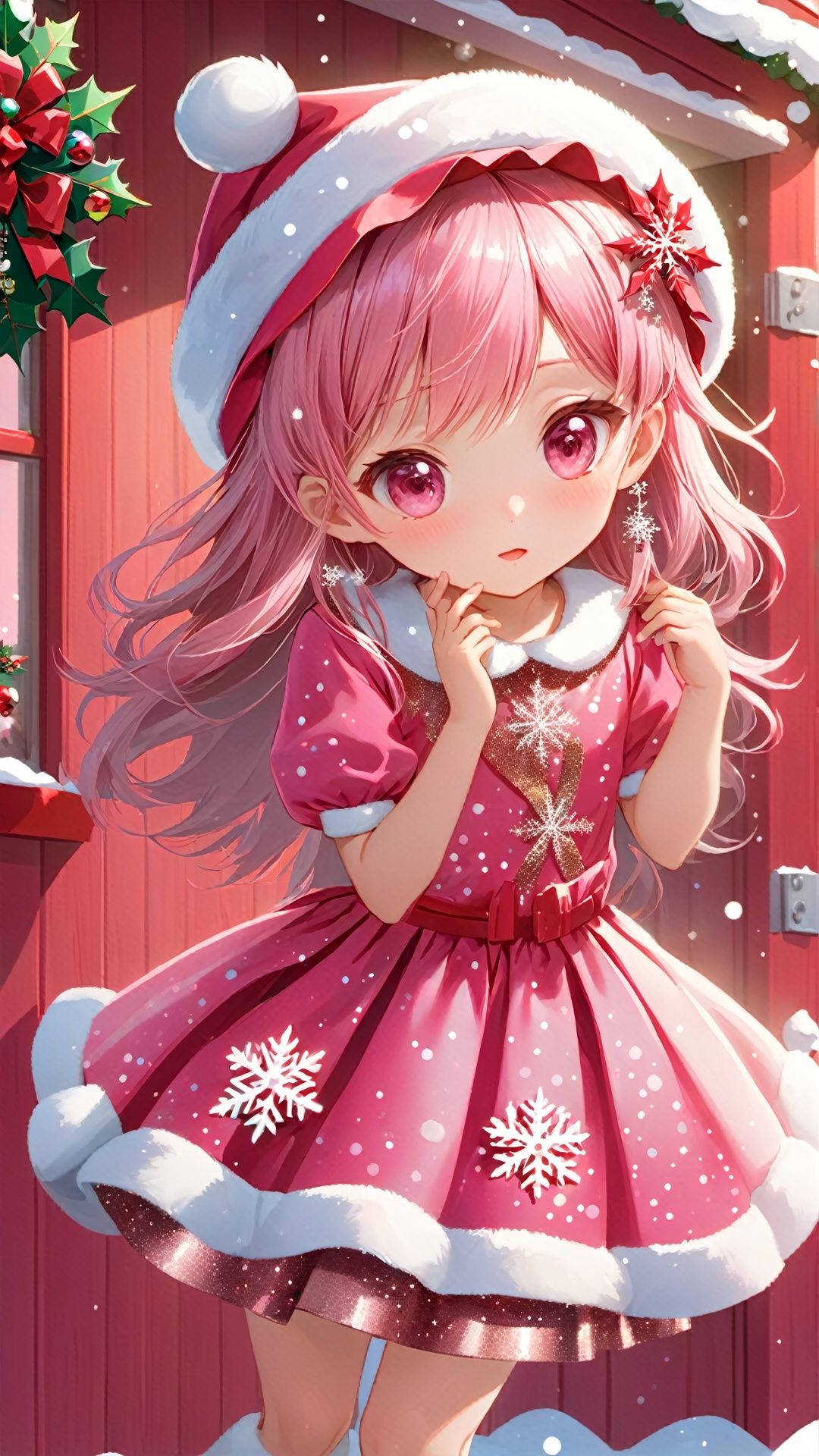 In front of a pink cabin, a cute Christmas girl is getting ready for a Christmas party. She wore a pink dress with a snowflake pattern, and the skirt was dotted with silver sequins, shining with warm light. She wears an exquisite rose-red Christmas hat on her head. The brim of the hat is inlaid with small bells. When she shakes it gently, it makes a melodious jingle sound.