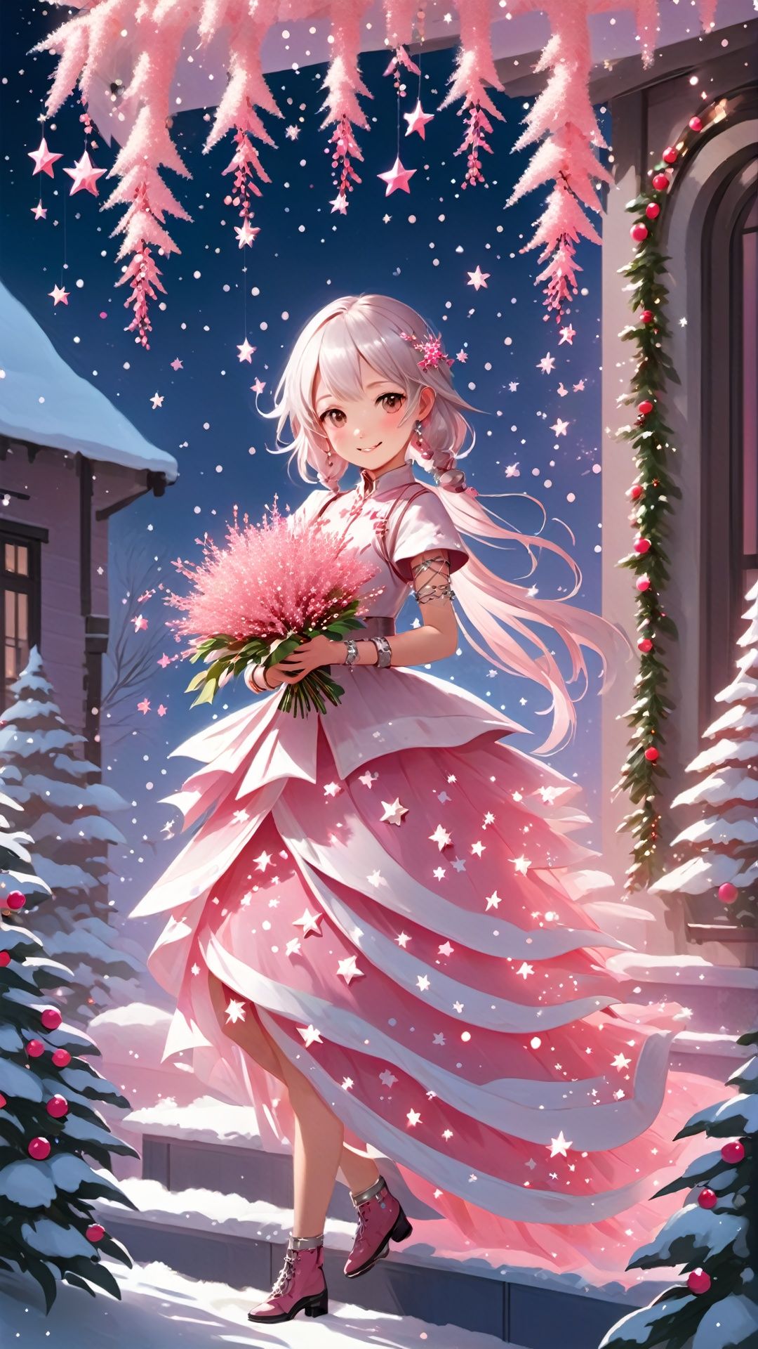 The Christmas girl holds a bouquet of pink snow willow flowers in her hands. The flowers are dotted with small stars and small bells, as if she is a fairy coming out of a fairy tale. Wearing a string of silver bracelets on her wrist, each small pendant represents a warm blessing. She smiled and walked towards the party with light steps. Along the way, she left a string of flashing pink light spots, like a string of small stars behind her.