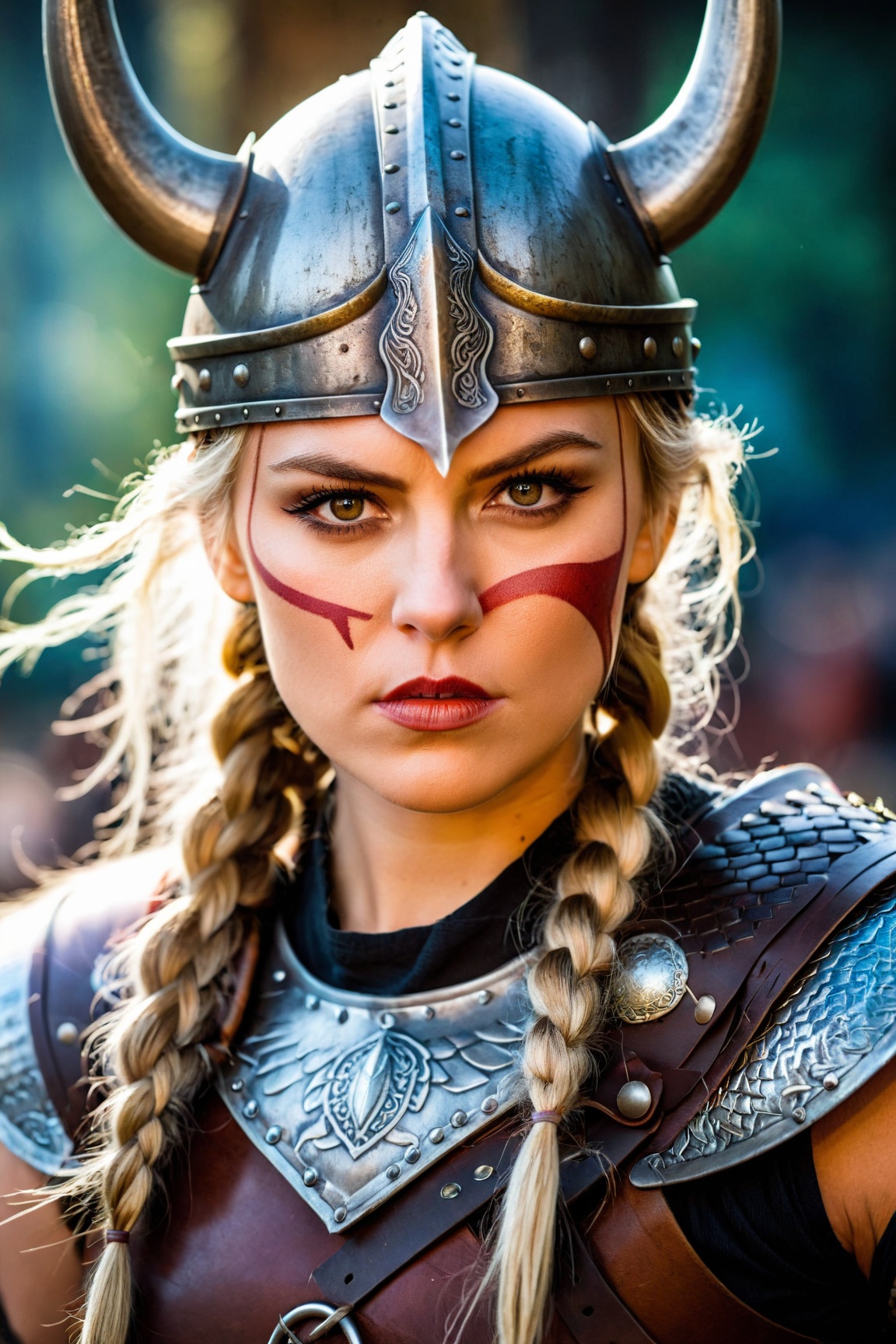 (a fierce viking warrior with a fierce expression,  wearing leather armor and a horned helmet),  beautiful detailed eyes o...