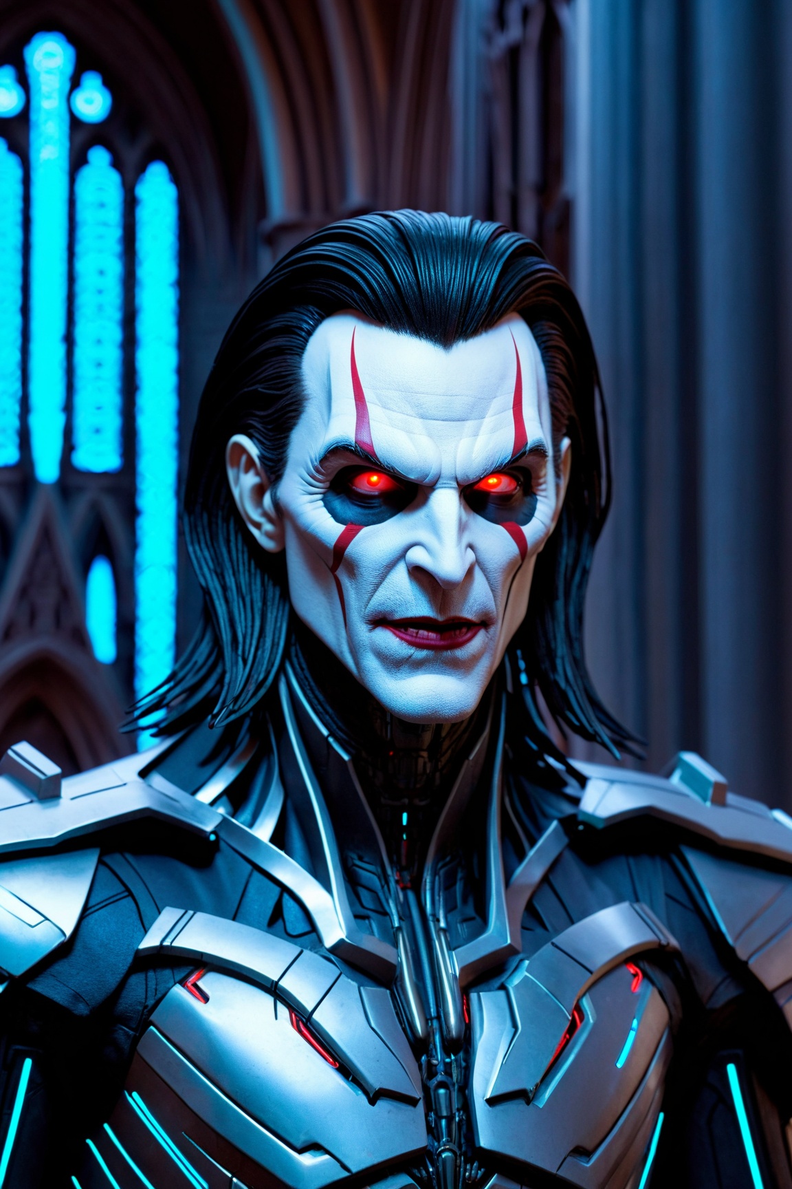 (Morbius from Marvel,  portrayed with hyper-realistic perfection and Joker-style hair),  (Biomechanical robot in a cyberpu...