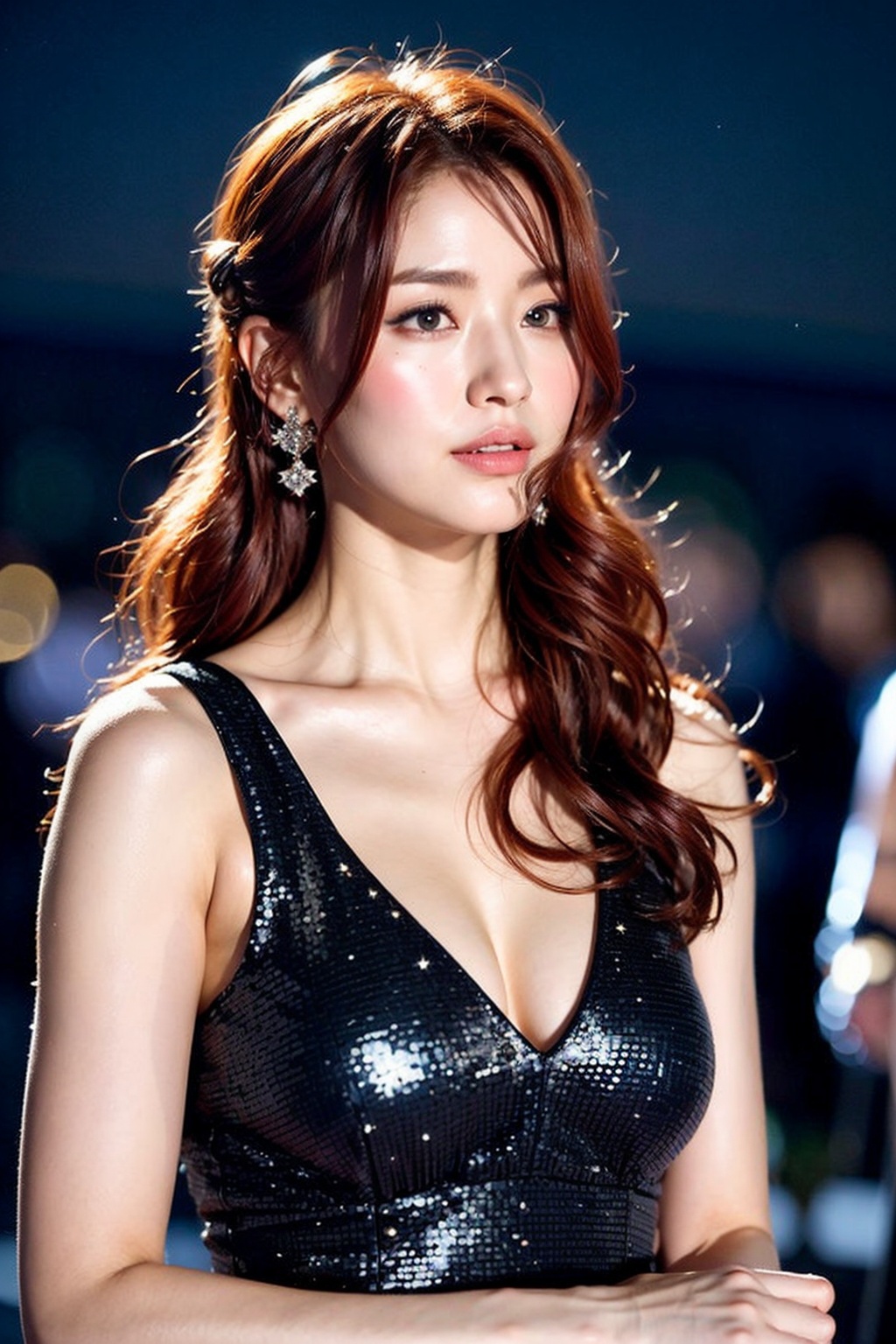 A serene woman with ravishing red tresses stands resolute beneath the starlit sky,  as moonlight whispers secrets to her p...