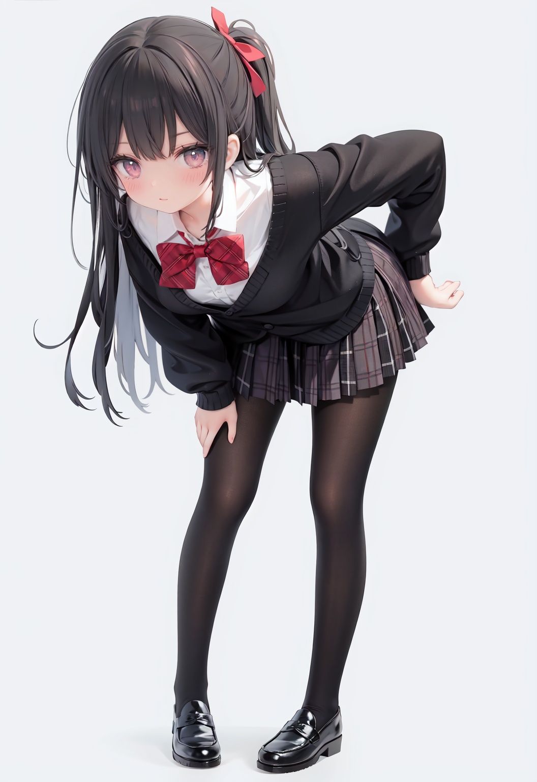  1girl, solo, pantyhose, skirt, long hair, loafers, shoes, simple background, school uniform, brown eyes, plaid, black pantyhose, plaid skirt, looking at viewer, black hair, pantyhose pull, full body, clothes pull, black footwear, pleated skirt, leaning forward, bangs, long sleeves, bent over, cardigan, bow, bowtie, standing, closed mouth, pulled by self, grey background, blush, miniskirt, red bow, sweater, **********