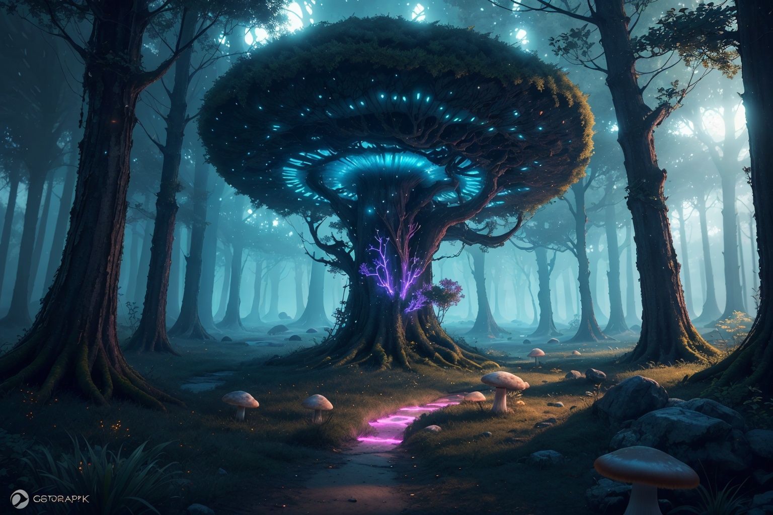  An otherworldly forest where bioluminescent mushrooms light the way, leading to hidden portals that transport adventurers to enchanted realms. Rendered in a mix of photography, CGI render, and digital artwork.
