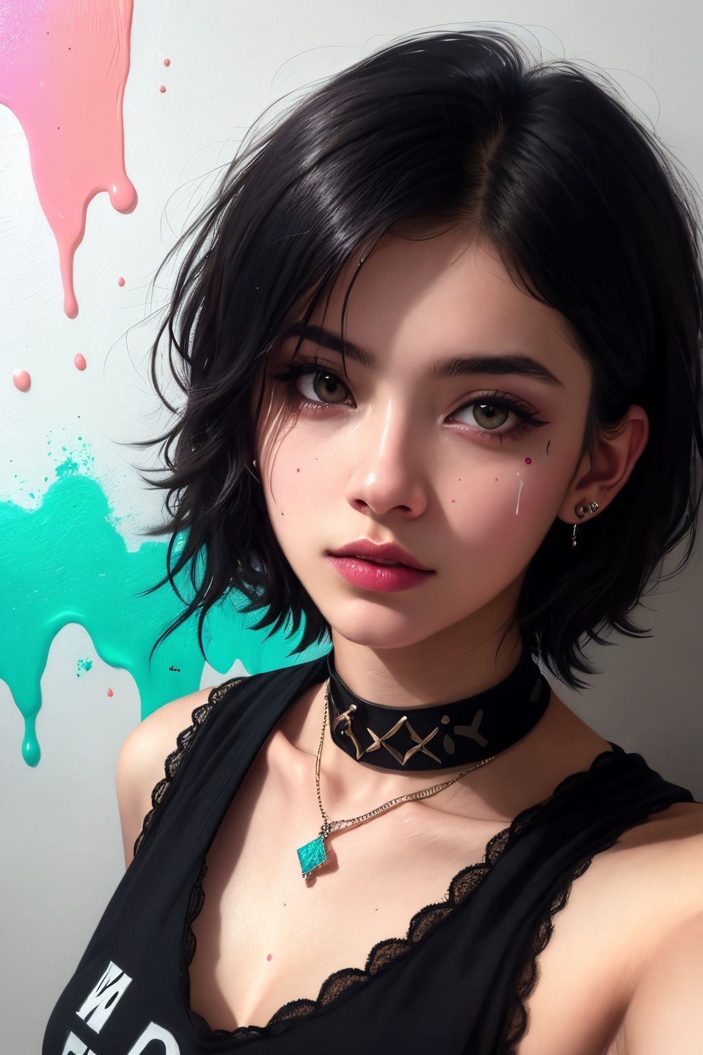  1girl, isometric, shukezouma, octane render, hdr, (hyperdetailed:1.15), (soft light, sharp:1.2), aesthetic, (Argentinian |Cuban |Colombian |Mexican) 20 years old woman, (detailed facial features), gorgeous face, grunge style, standing in her messy bedroom, pale skin, wearing eyeliner, grainy, pastel goth, scene hair, (emo girl), teased hair, wearing bracelets, wearing choker necklace, ((detailed face)), selfie, rainbow painting drops, paint teardrops, girl made up from paint, entirely paint, splat, splash, paint bulb, paint drops, broad light, backlighting, bloom, light sparkles, chromatic aberration, (bubblegum Vaporwave aesthetic),Rashmikasdxl