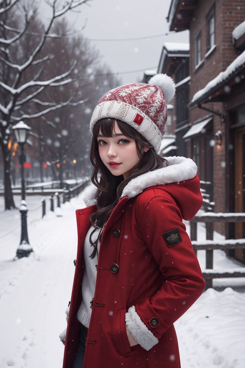  Best Quality, masterpiece, Ultra High Resolution, (photo: 1.4), outdoors, snowing, a girl wearing a plush hat, red clothes, red coat, coat, winter, realism, HD 16K, light master