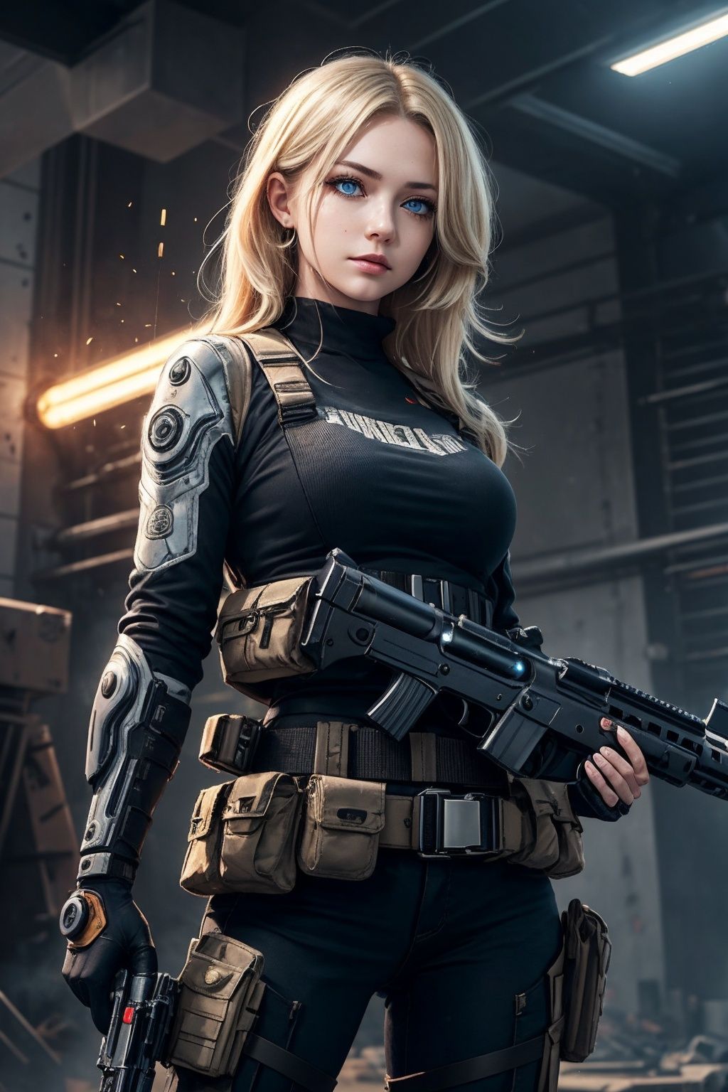  1girl,
aiming,
ammunition_belt,
barcode,
blonde_hair,
blue_eyes,
cyborg,
facial_mark,
finger_on_trigger,
gatling_gun,
gun,
handgun,
holding_gun,
holding_weapon,
mechanical_parts,huliya