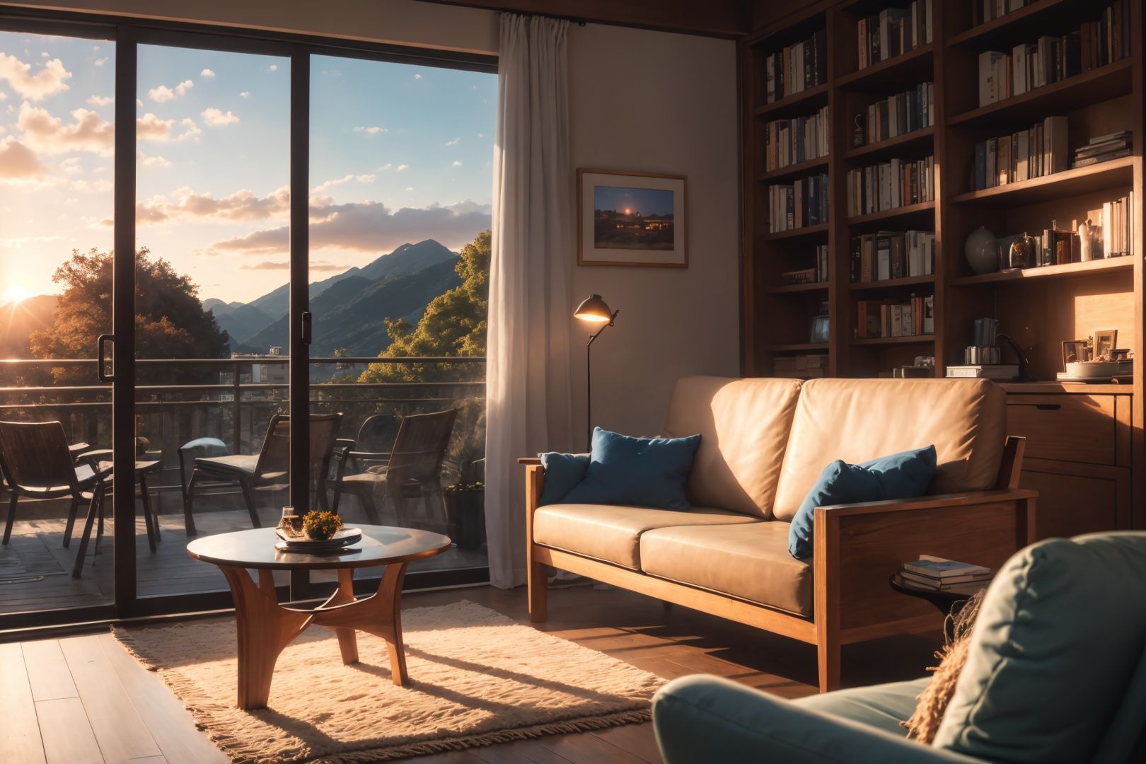  photorealistic modern living room, sharp and crisp background, sofa, low table, bookshelf, parks and buildings from window, wood and flower, beautiful landscape, best quality, masterpiece, hires, in the morning light, detailed lighting, blue sky, (((photo))), (((photorealistic))) ,kkw-ph1, wide shot, sunset, golden hour, nice perspective, bokeh, (best quality:1.2),(blurry foreground:1.2), depth of field