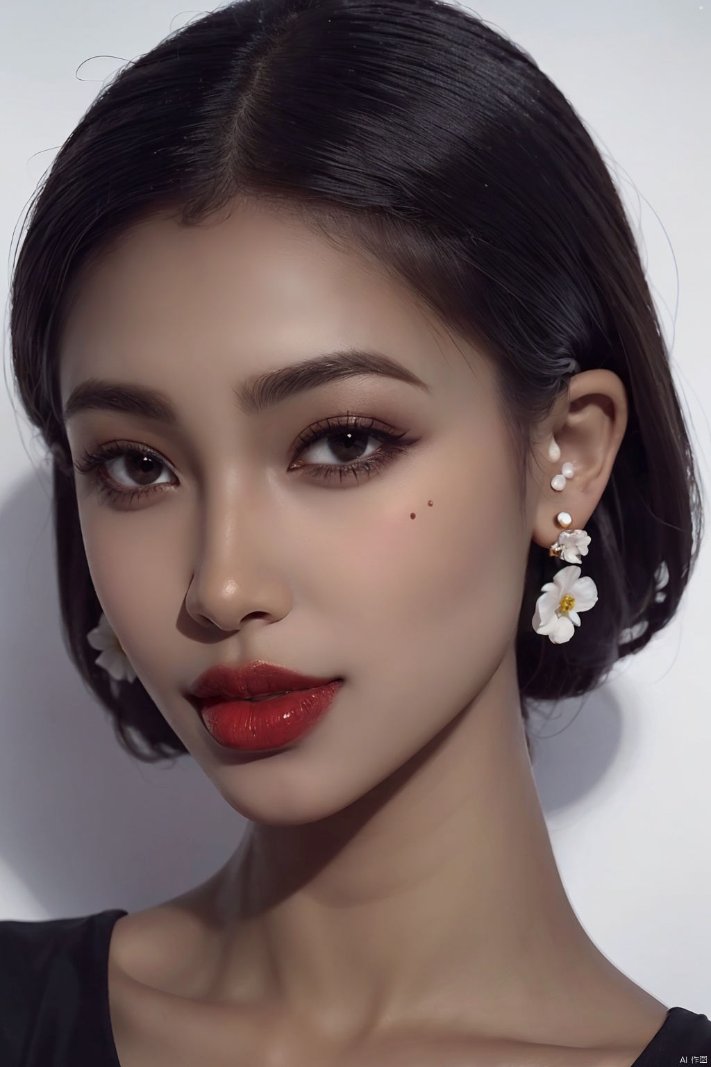  1girl, solo, black hair, short hair, jewelry, realistic, earrings, hair ornament, black eyes, lips, collarbone, flower, watermark, upper body, portrait, hair flower, dress, close_mouth, dark skin
