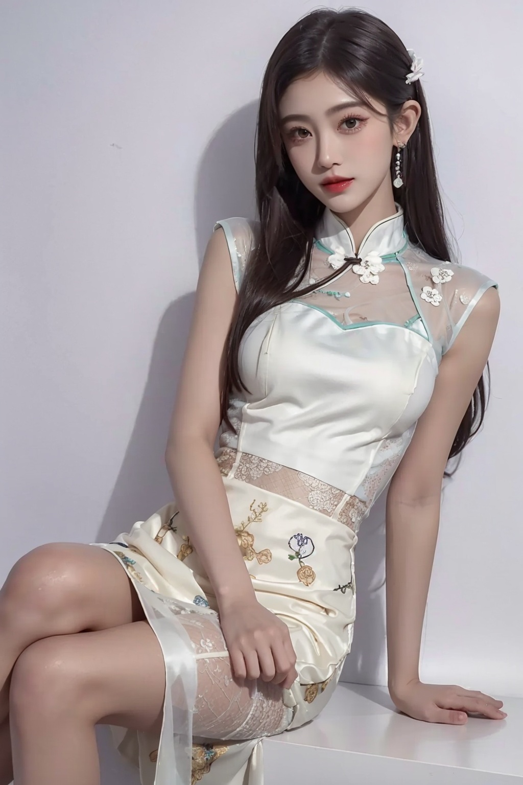  1girl, white qipao, thighs,tutututu, dark skin