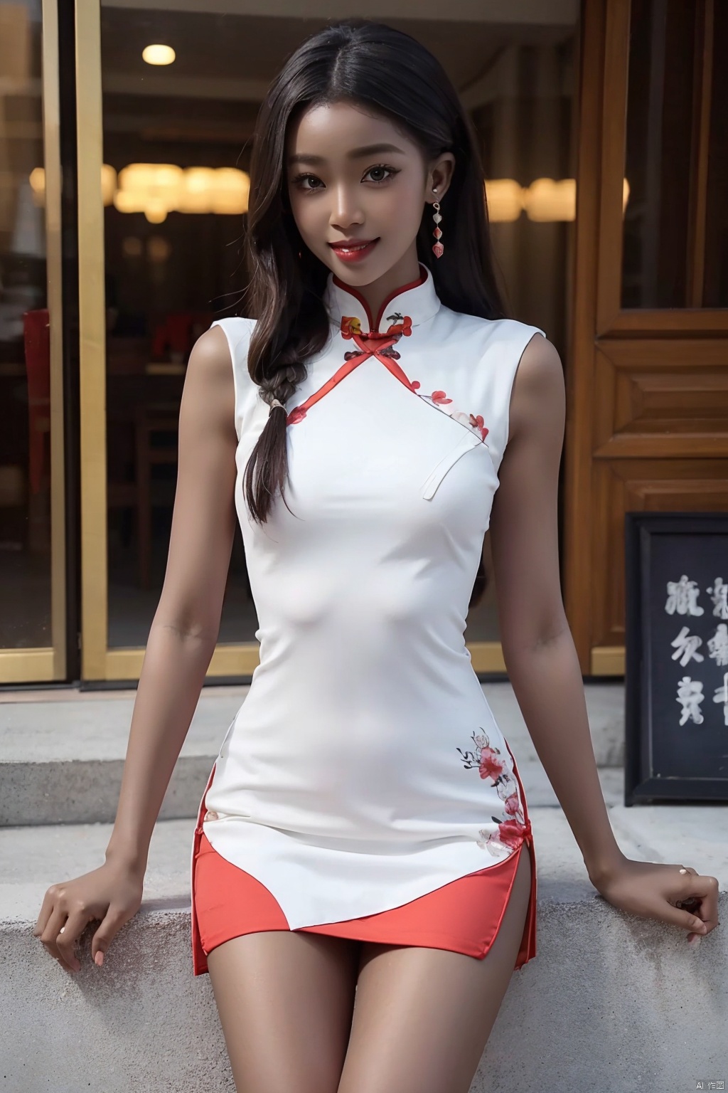  1girl, white qipao, thighs,tutututu, dark skin