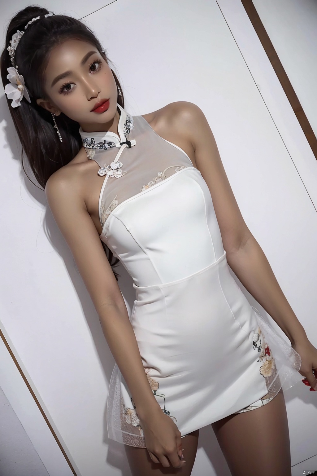  1girl, white qipao, thighs,tutututu, dark skin
