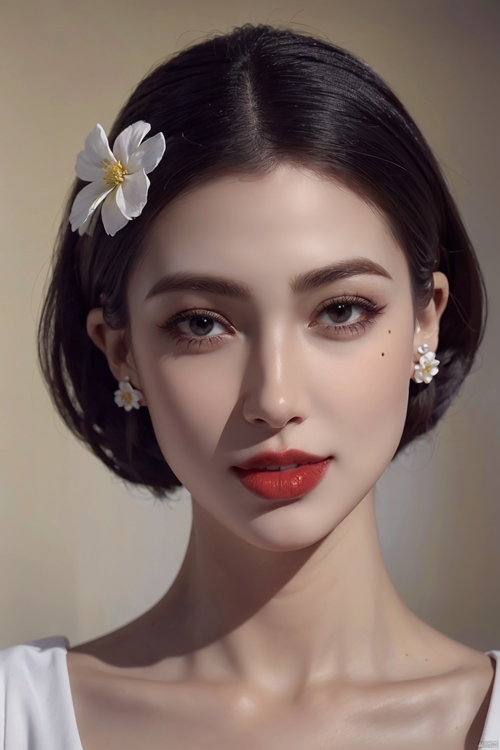 1girl, solo, black hair, short hair, jewelry, realistic, earrings, hair ornament, black eyes, lips, collarbone, flower, watermark, upper body, portrait, hair flower, dress, close_mouth