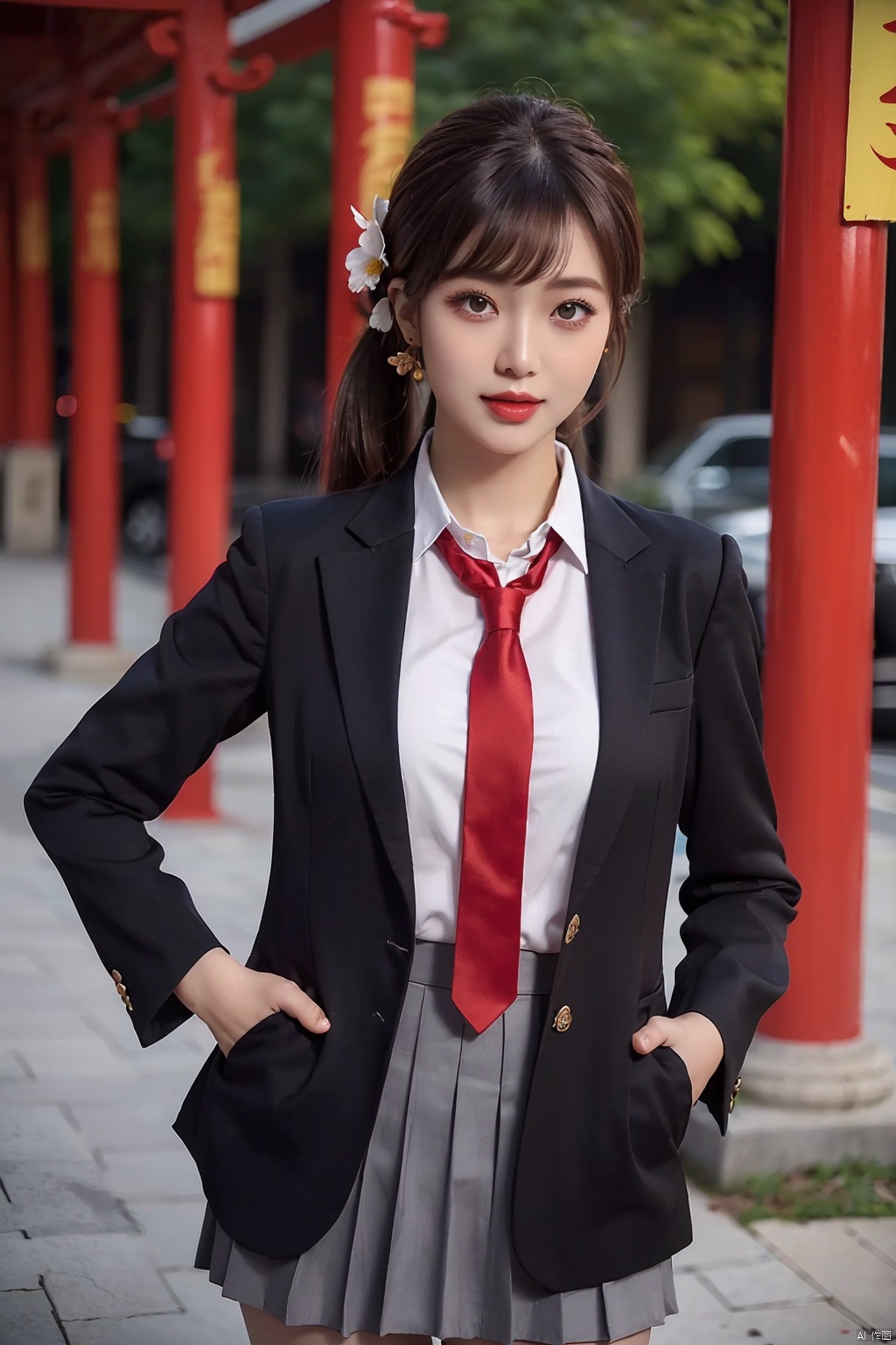  chiori,Masterpiece,high quality,beautiful wallpaper,16k,animation,illustration,positive perspective,perfect body,complete body,detailed face,delicate features,(solo:1.2),((1girl)),thin,sexy,(long shoot:1.4),(floating hair:1.3),expressionlese,(brown hair,drill hair,side ponytail,bangs,hair ornament,hair flower,flower,glowing red eyes:1.2)looking at viewer,formal,(hands in pockets,outdoors,east_asian_architecture,chinese_style_loft background:1.2),((black blazer,collared shirt,necktie,pleated skirt,black pantyhose)),,, dark skin