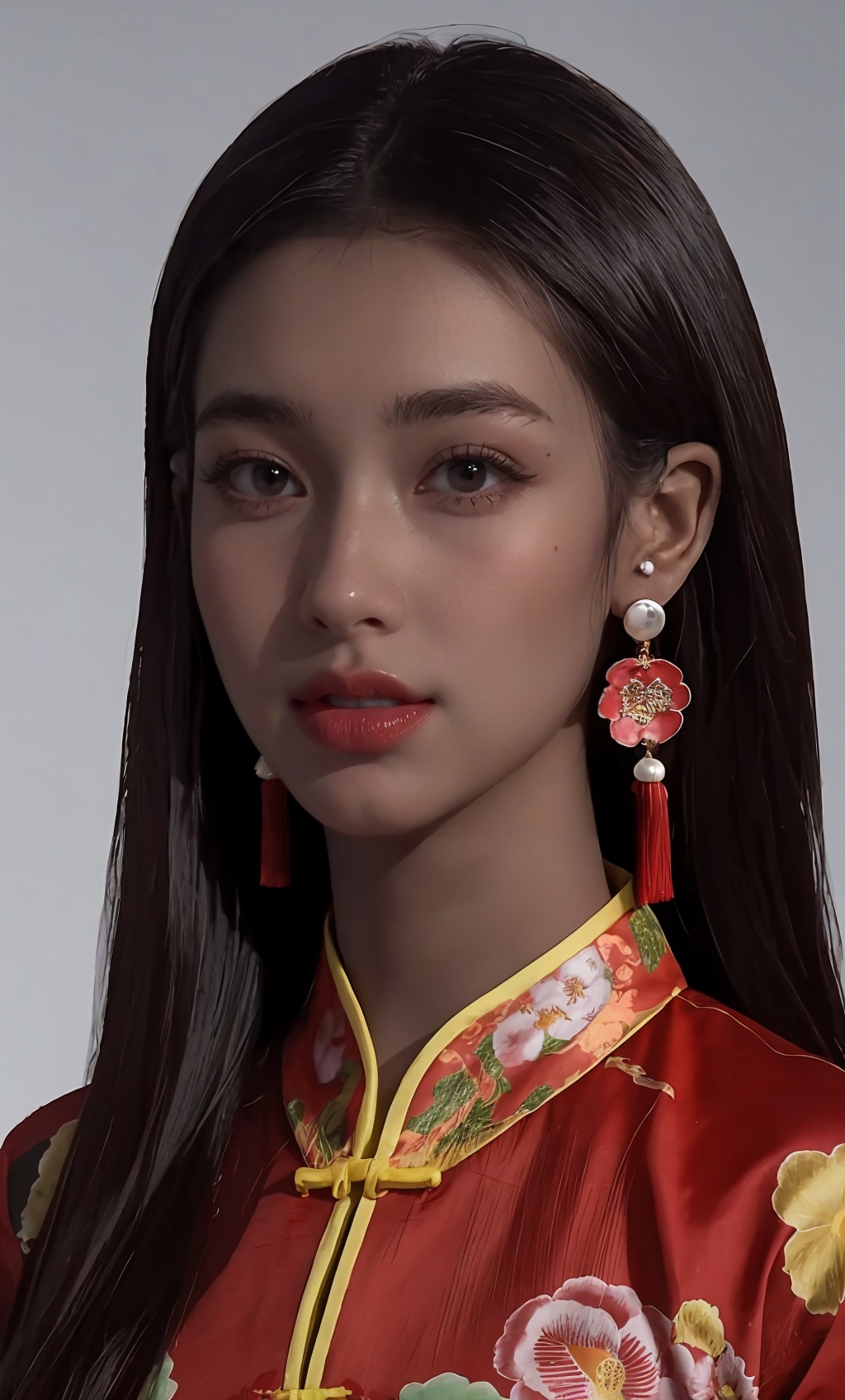  1 girl, black hair, brown eyes, chinese clothes, earrings, floral print, jewelry, lips, mole, photo \(medium\), realistic, solo, upper body, UHD, anatomically correct, best quality, 16k,dark skin,dark-skinned female