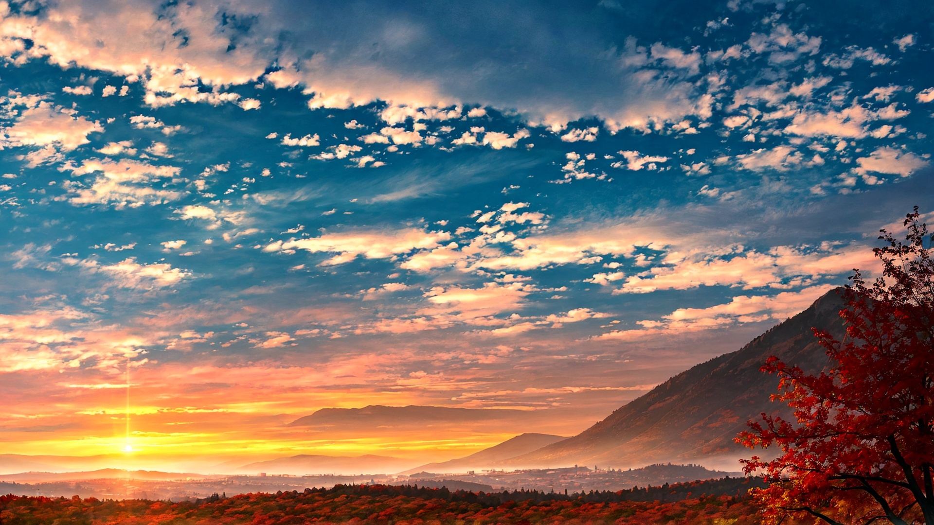 scenery, outdoors, cloud, wind, panorama, gradient sky, landscape, high place, sunset, cloudy sky, deserted, multicolored dusk, autumn hills