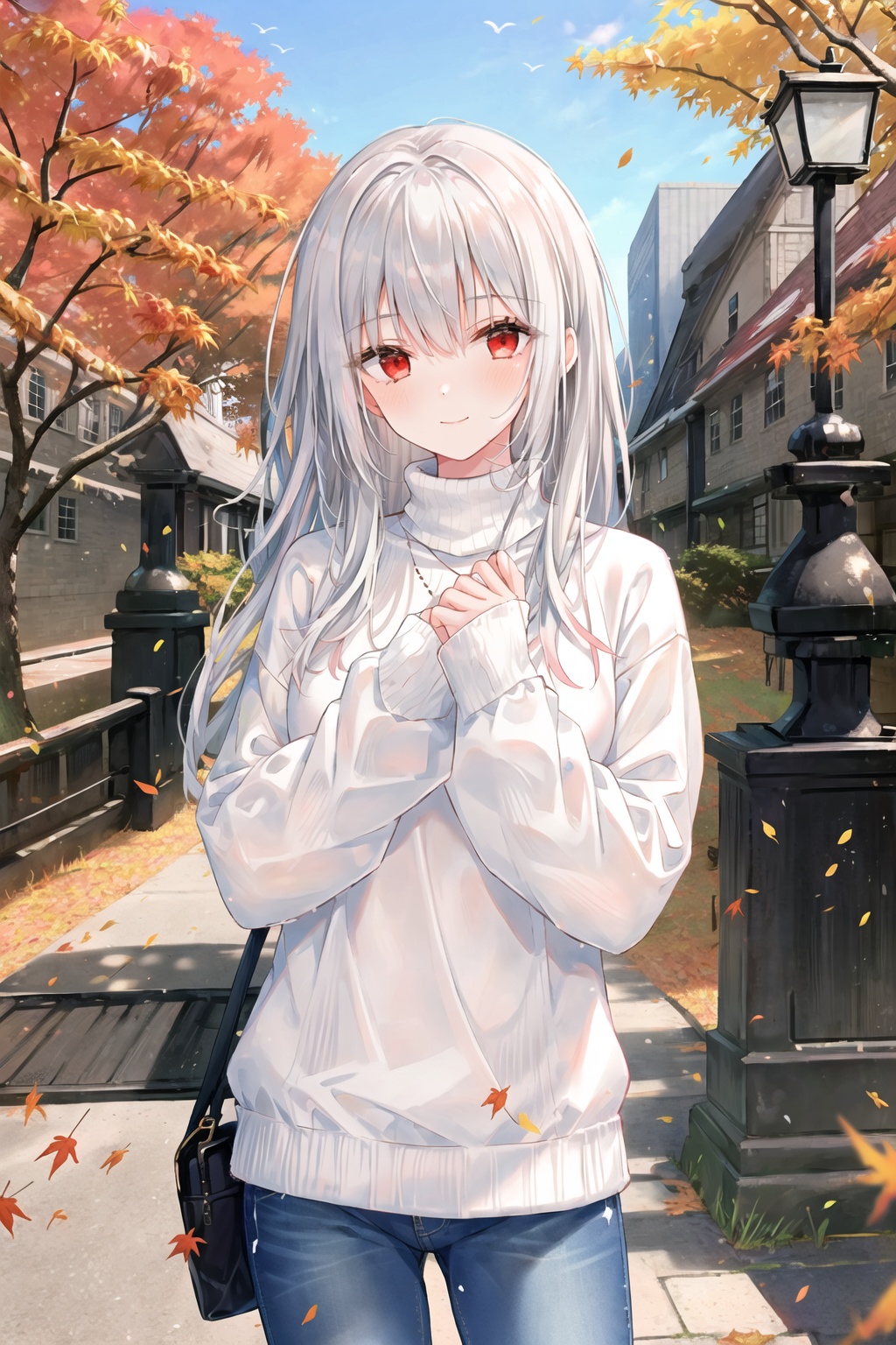  1girl, tender wifely, solo.detailed eyes, red eyes, white hair, long hair, bangs, white sweaters, turtlenecks sweaters, jeans;closed mouth, smile, standing, cowboy shot.autumn street, city walk, maple_leaves fallen, outdoors.