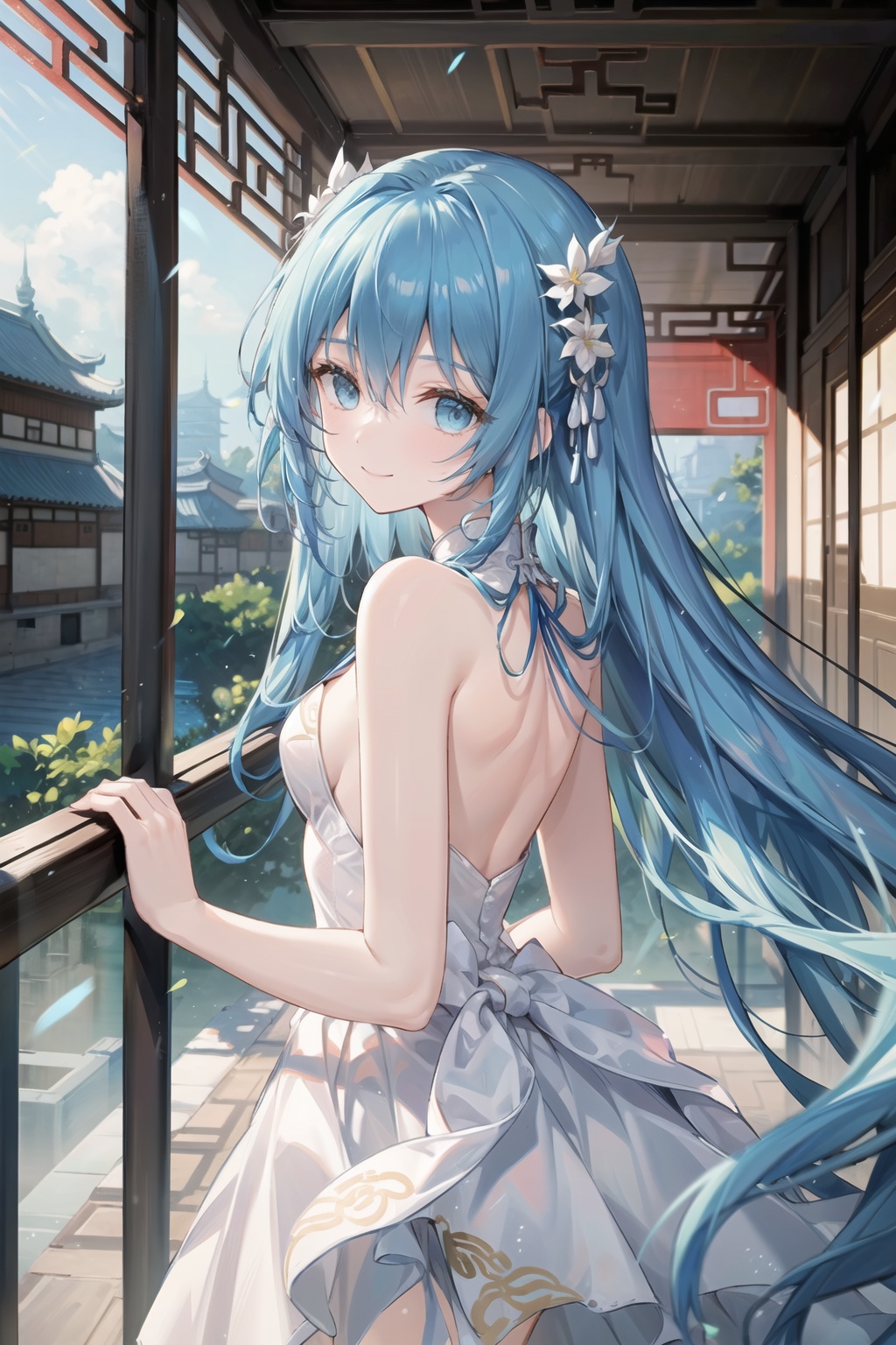 (blue hair in back),  cleavage,  (bare arms) on Tensor.Art