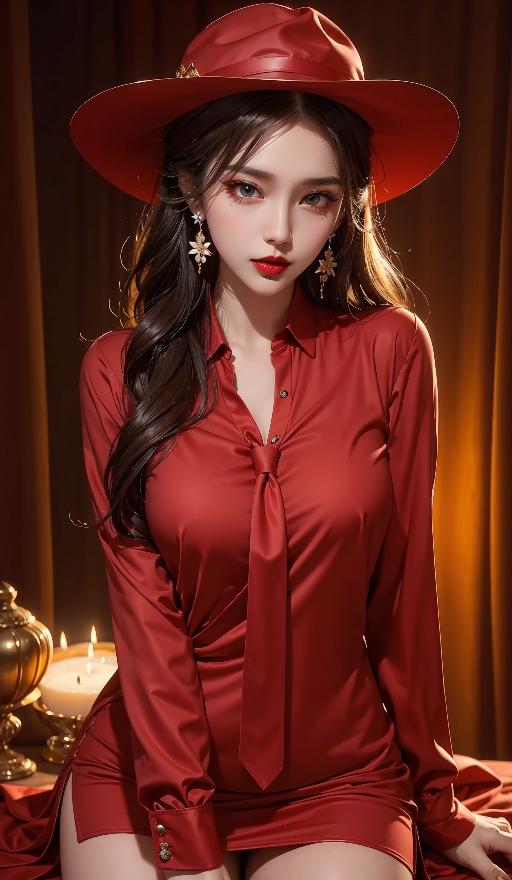  1girl,gem,lips,lipstick,long hair,looking at viewer,Earrings,makeup,parted lips,red lips,Red shirt, tie,solo, hat,thighs,half body photo,