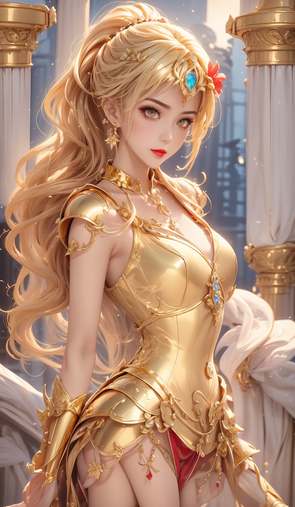  1girl,gem,lips,lipstick,long hair,looking at viewer,Earrings,golda choker,bracelet, armlet,makeup,parted lips,red lips,solo, hair flower,ponytail,thighs,half body photo, (gold armor:1.3), 1girl